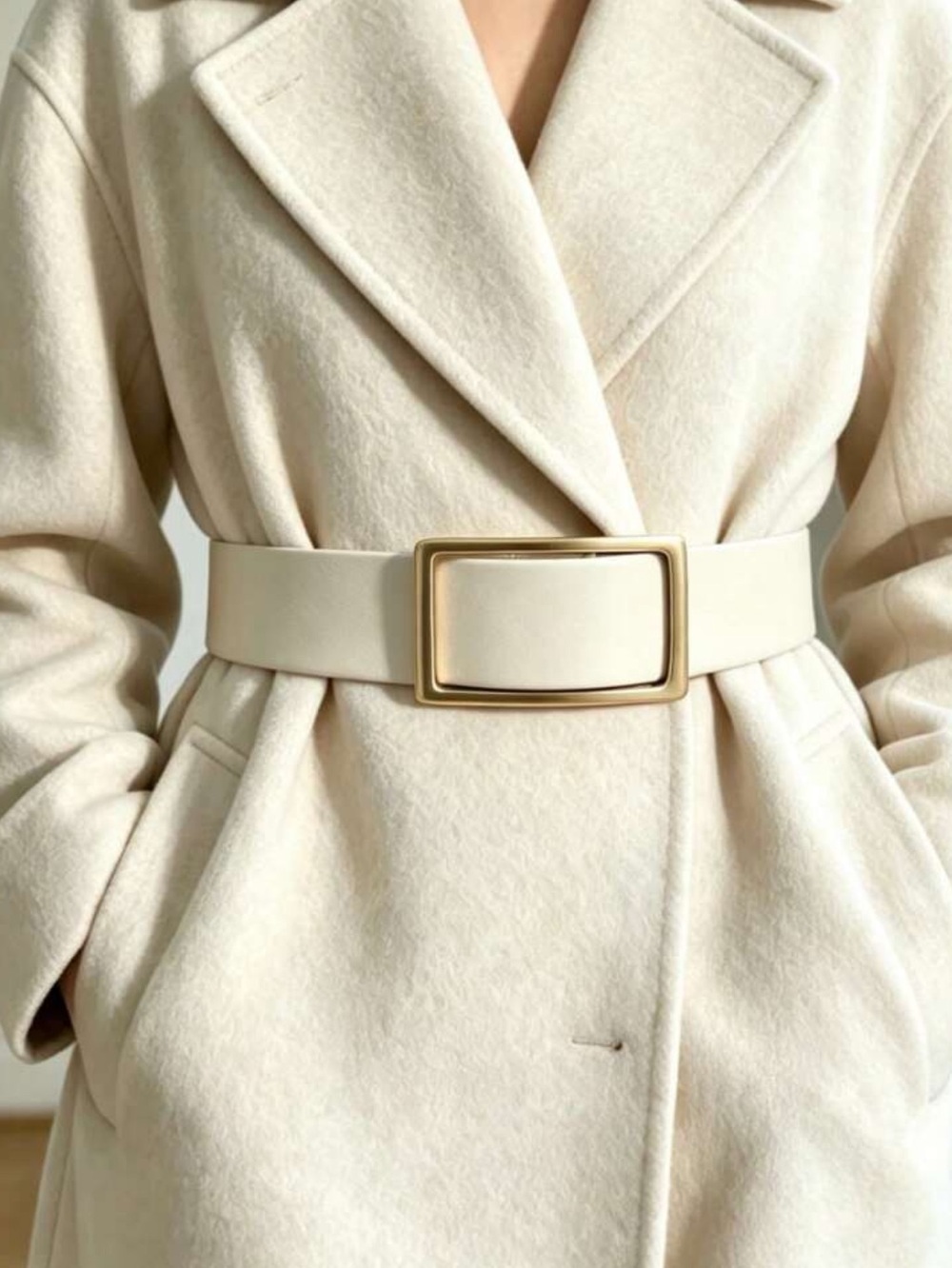Wide Cream Leather Belt with Gold-Tone Rectangular Buckle